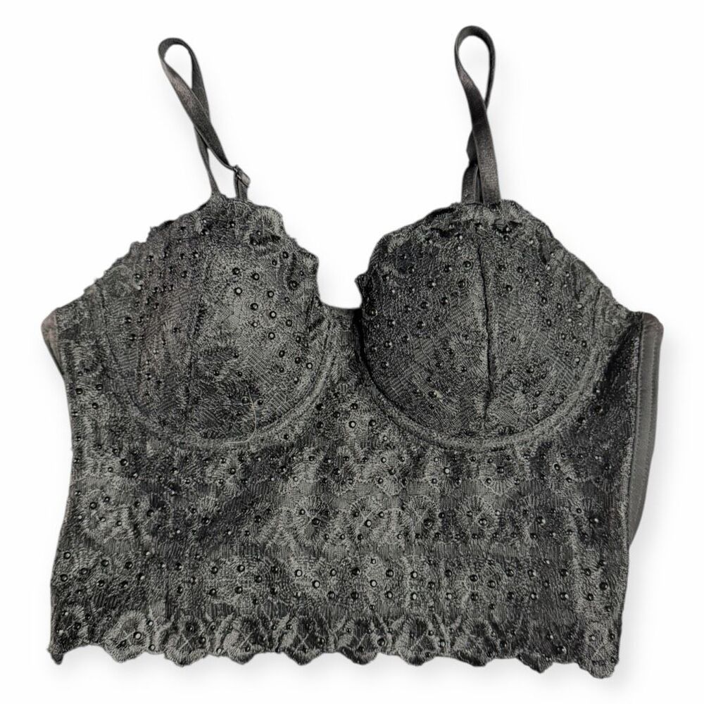 Women’s Black Lace Rhinestone Bustier Crop Top Size Small